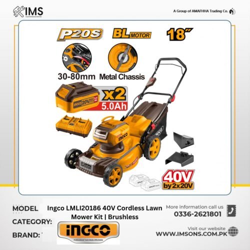 Ingco LMLI20186 40V Cordless Lawn Mower Kit with Batteries and Charger