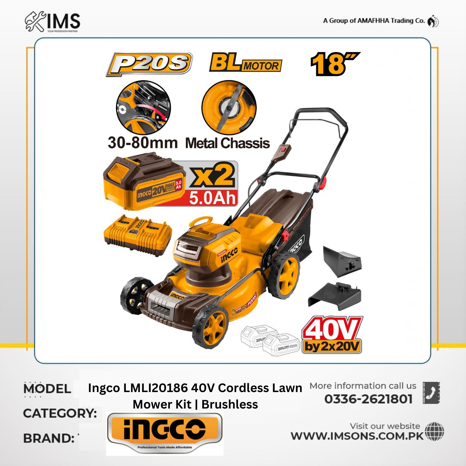 Ingco LMLI20186 – cordless 40V lawn mower with 460mm cut, 60L bag, and 2×5.0Ah batteries + dual charger. Ingco LMLI20186 40V Cordless Lawn Mower Kit with Batteries and Charger