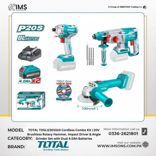 TOTAL TOSLI2301510 20V Brushless 3-Tool Combo Kit with Rotary Hammer, Impact Driver, and Angle Grinder