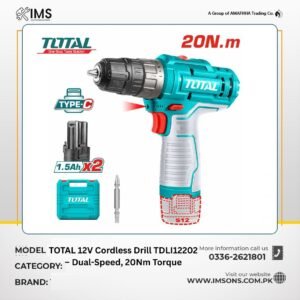 TOTAL 12V Cordless Drill TDLI12202 with Lithium-Ion Batteries and USB-C Charging – Professional DIY Tool