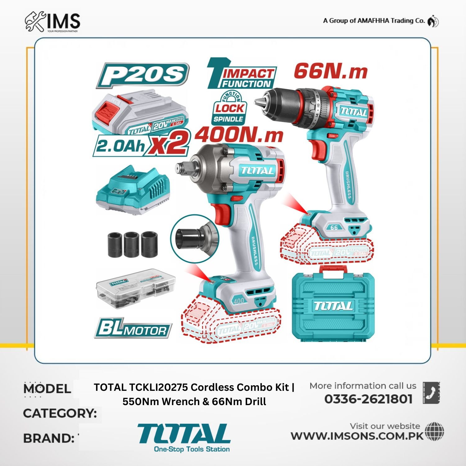 TOTAL TCKLI20275 20V cordless combo kit with brushless impact drill, 400Nm impact wrench, dual batteries, charger, and accessories. TOTAL TCKLI20275 20V Brushless Combo Kit with Impact Drill and Impact Wrench