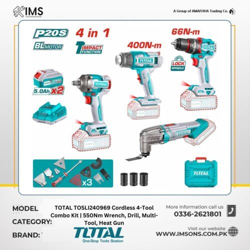 TOTAL TOSLI240969 20V Cordless 4-Tool Brushless Combo Kit with Impact Wrench, Drill, Multi-Tool, and Heat Gun