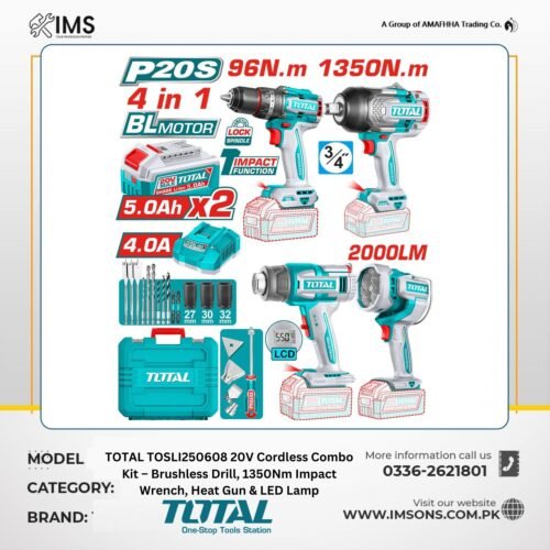 TOTAL TOSLI250608 20V Cordless 4-Tool Combo Kit with 1350Nm Impact Wrench and 96Nm Hammer Drill