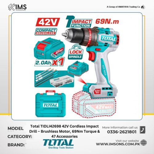 TOTAL TIDLI42698 42V Brushless Cordless Impact Drill with 47 Accessories and Carrying Case