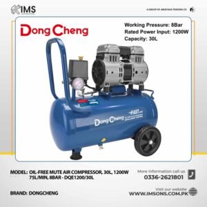 "Dongcheng DQE1200/30L 1200W Oil-Free Air Compressor – 30L Tank, 8 Bar"