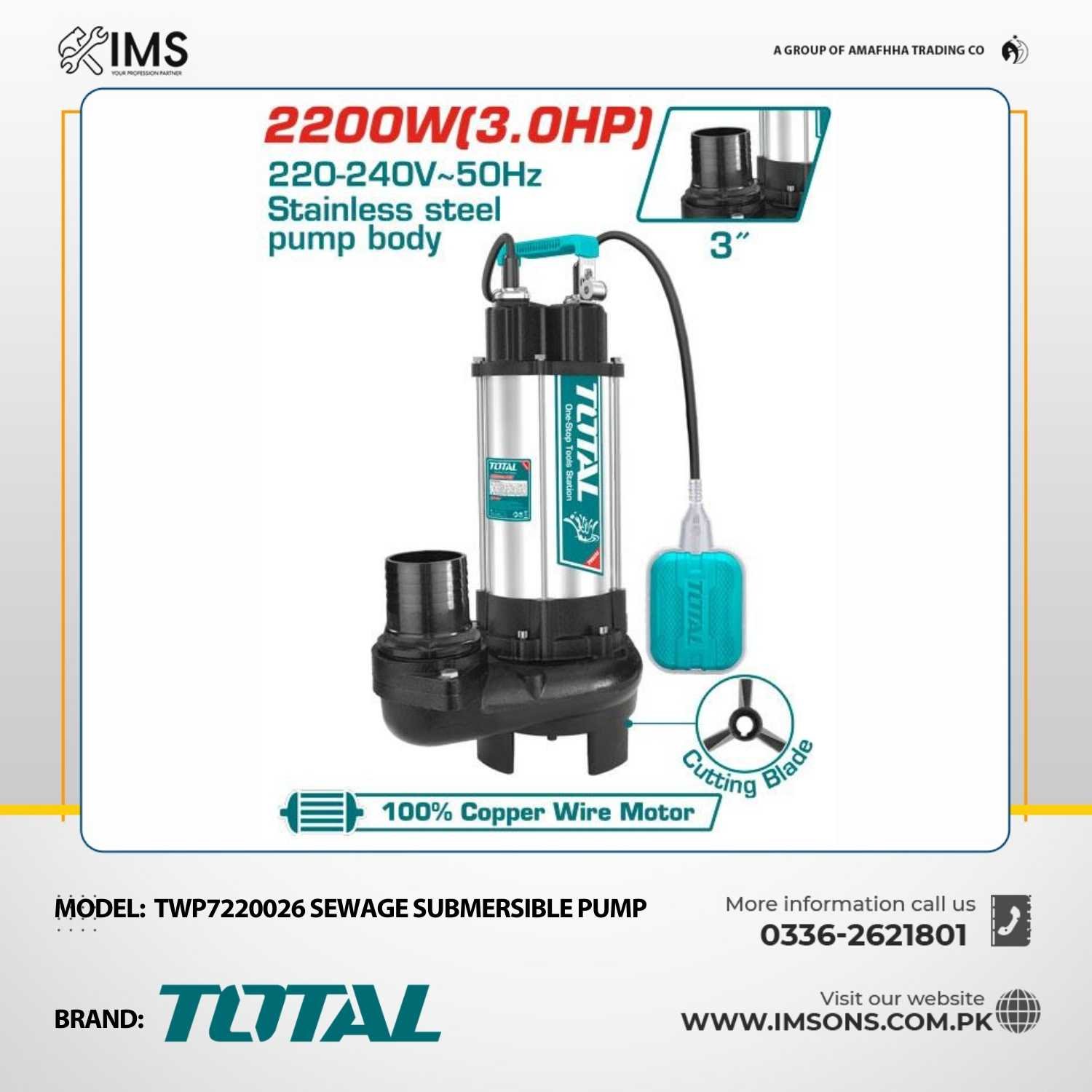 TOTAL TWP7220026 3HP Sewage Submersible Pump 2200W